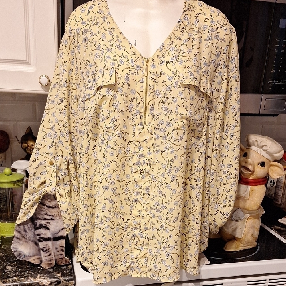 c Womens Cato Floral 3/4 Roll Sleeve Plus Size Pullover Top Size26/28W
